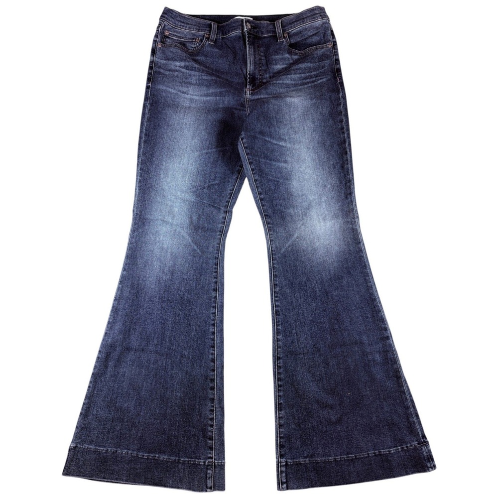 Pistola Flare Jeans Women 32 Blue Denim Premium Dark Wash Faded Stretch Mid Rise